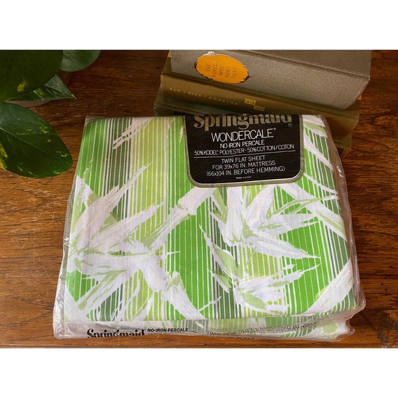 New Deadstock Vintage Springmaid Green Bamboo Stripe Twin Sheets and Pillowcases - Picture 3 of 6